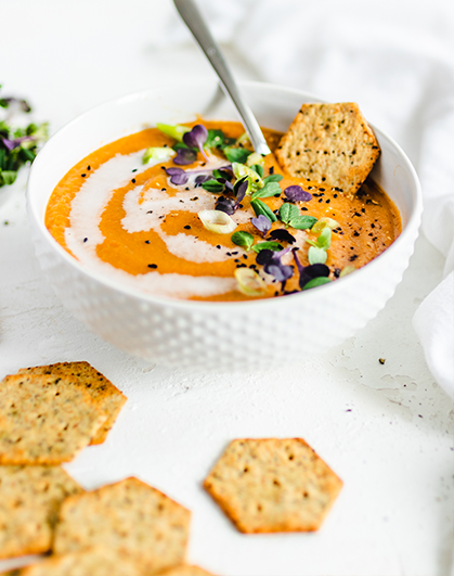 Golden Beet & Carrot Gazpacho made with Everything Sprouted Seed Crackers Recipe