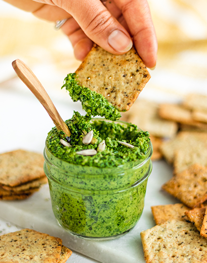 Sprouted Sunflower Seed & Kale Pesto made with Sprouted Seed Crackers Original Recipe