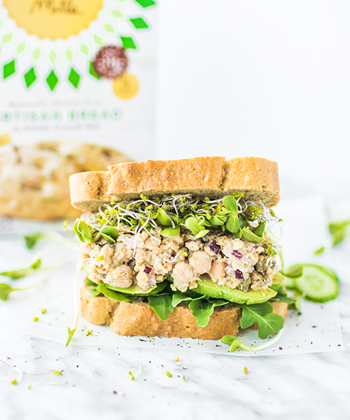 Sprouted Chickpea Salad Sandwich made with Almond Flour Baking Mix Artisan Bread Recipe