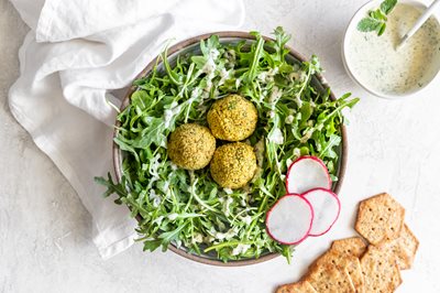 Green salad with sprouted seed falafels made with sprouted seed crackers Everything