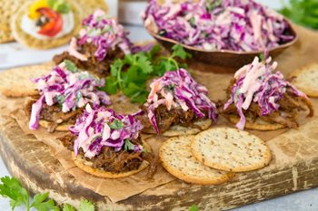 Open Faced Cracker Pulled Pork Sliders made with Sprouted Seed Crackers 