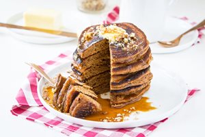 Pumpkin Pancakes with salted caramel sauce made with almond flour baking mix pumpkin muffin & bread