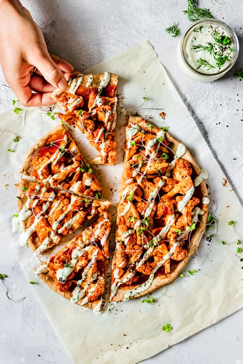 Buffalo Cauliflower Pizza w/ Ranch Sauce made with Almond Flour Baking Mix Pizza Dough