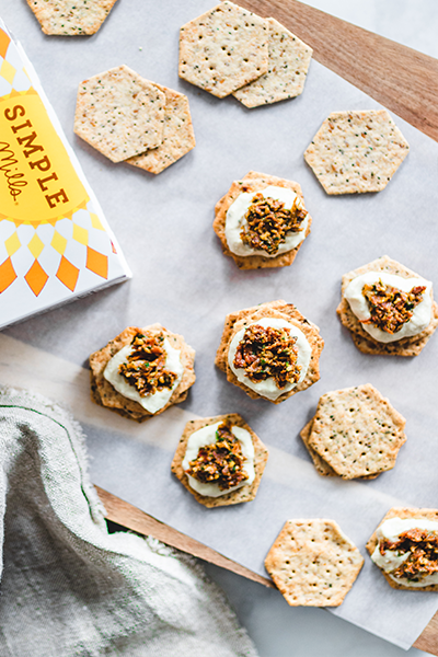 Ricotta & Sun-dried Tomato Pesto Topped Cracker made with Original Sprouted Seed Crackers Recipe