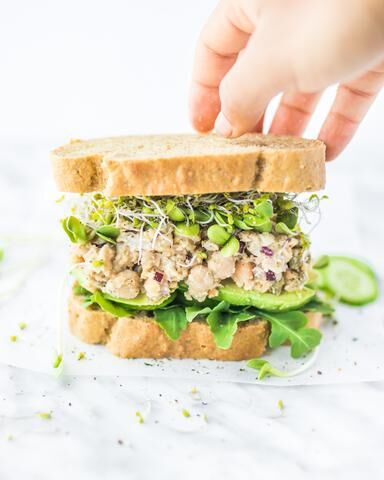 Sprouted Chickpea Salad Sandwich made with almond flour baking mix artisan bread 