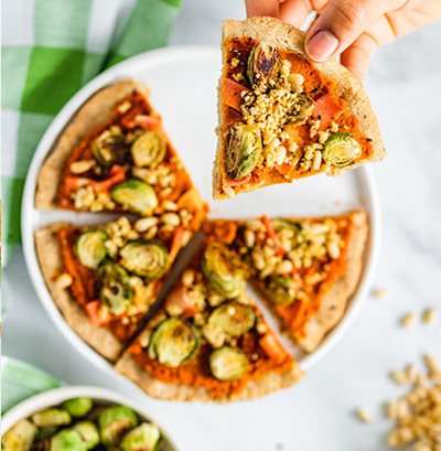 Pumpkin sauce pizza with roasted brussel sprouts made with Almond Flour Baking Mix Pizza Dough