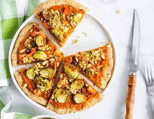 Pumpkin sauce pizza with roasted brussel sprouts made with Almond Flour Baking Mix Pizza Dough