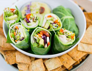 Turkey tomato collard green wraps served with Almond Flour Crackers rosemary & sea salt