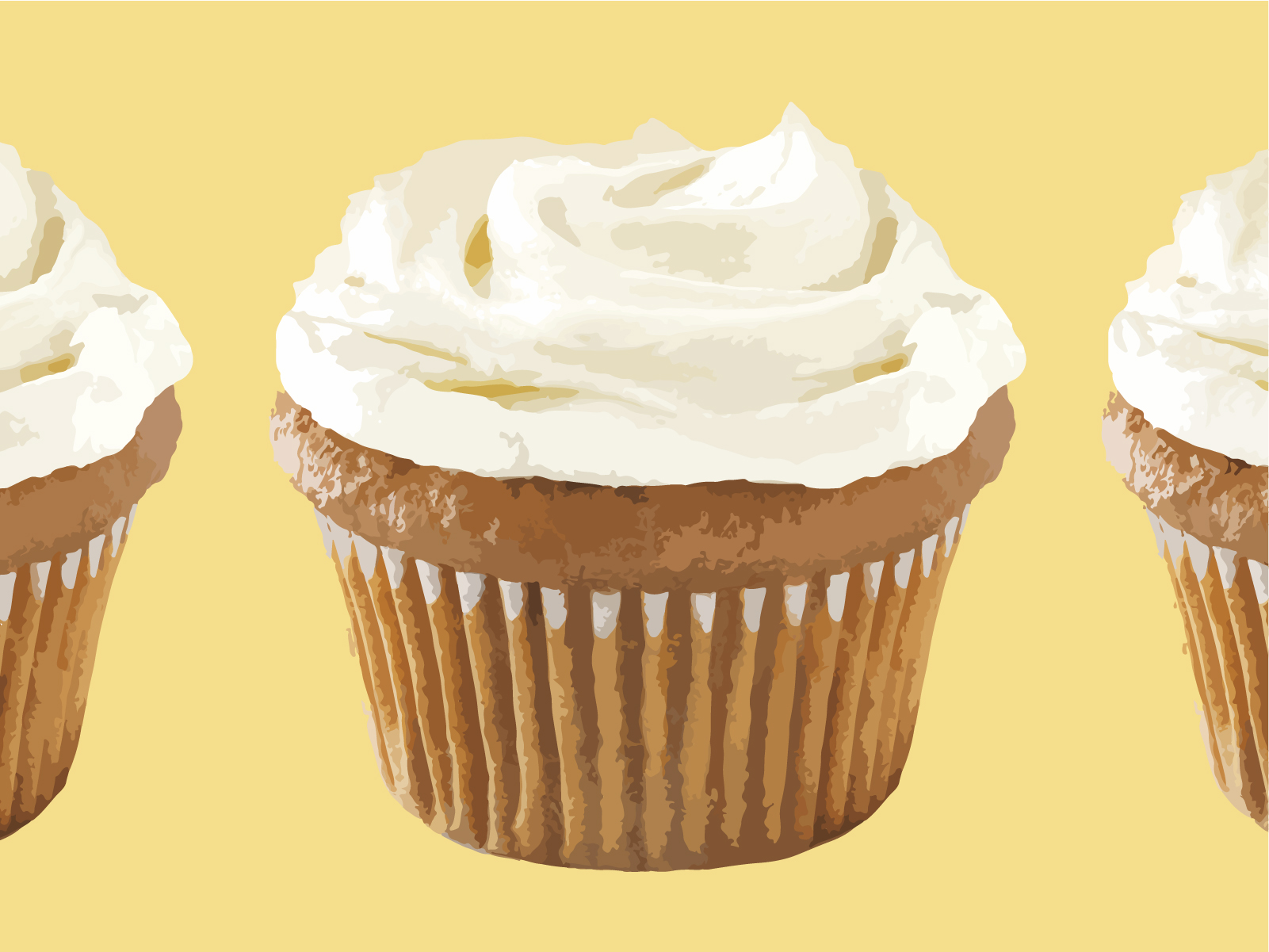 Illustration of Vanilla Cupcake with vanilla frosting on yellow background