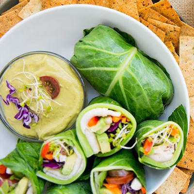 Turkey tomato collard green wraps served with Almond Flour Crackers rosemary & sea salt