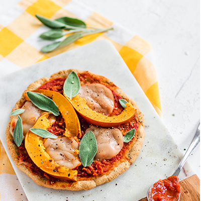 Roasted Pumpkin Topped Pizza made with almond flour baking mix pizza dough