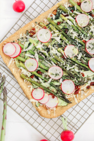 Asparagus Radish Tart made with Almond Flour Baking Mix Pizza Dough 