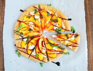 Gluten-free summer peach and farmer cheese pizza