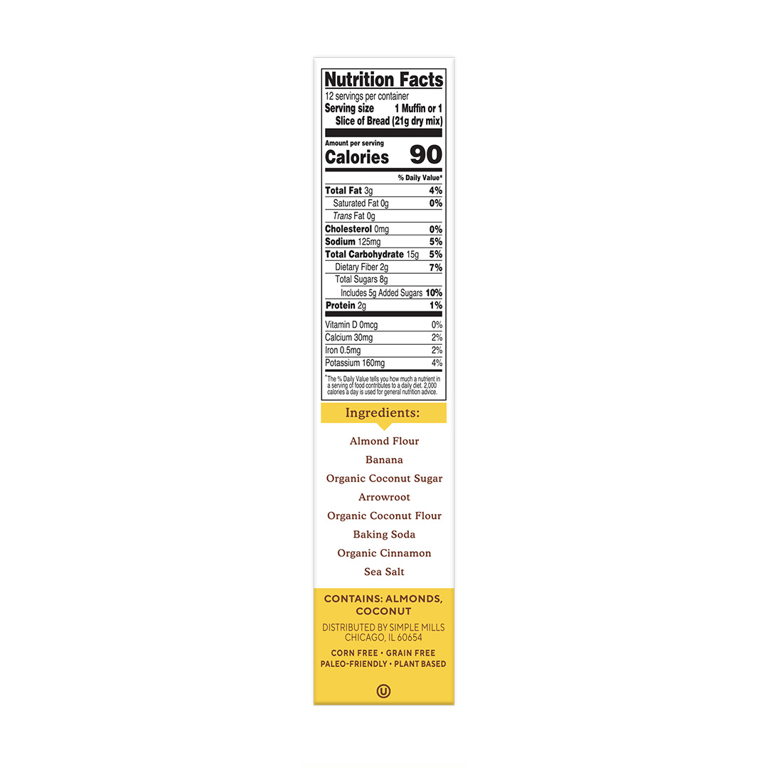 Almond Flour Baking Mix Banana Muffin & Bread Nutrition Facts and Ingredients. Box side panel