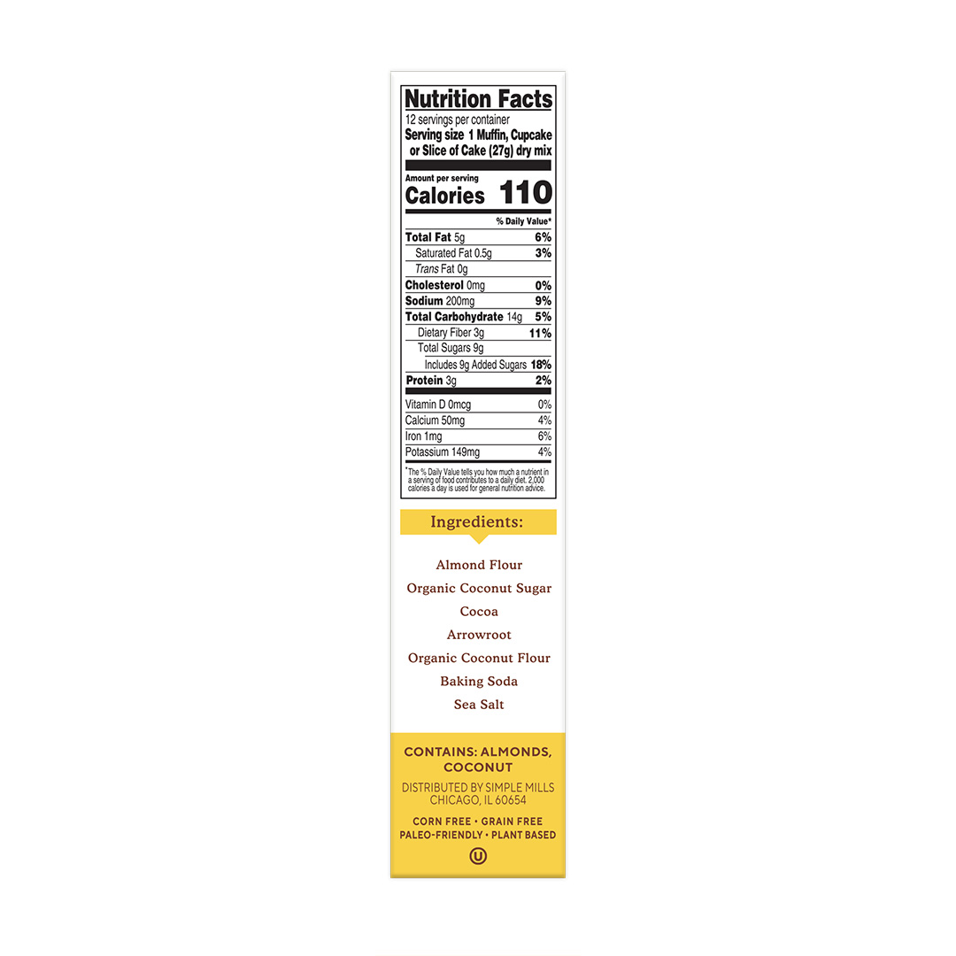 Almond Flour Baking Mix Chocolate Muffin & Cake Nutrition facts and ingredients. Box side panel