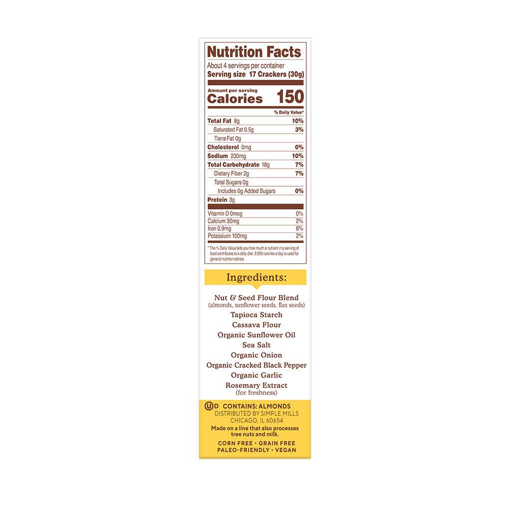 Almond Flour Crackers Cracked Black Pepper Nutrition facts and ingredients. Box side panel 