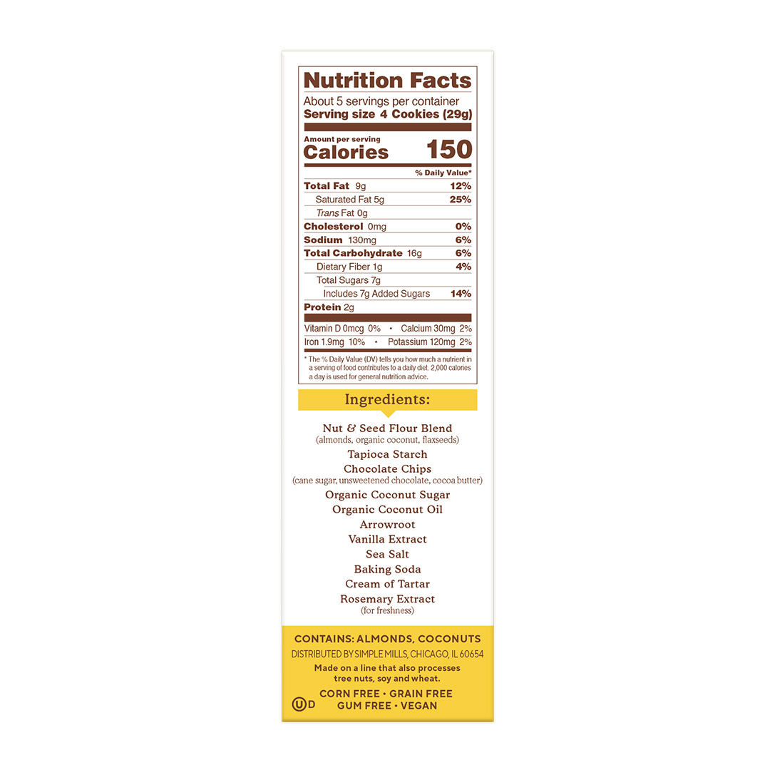 Crunchy Almond Flour Cookies Chocolate Chip Nutrition facts and ingredients. Box side panel