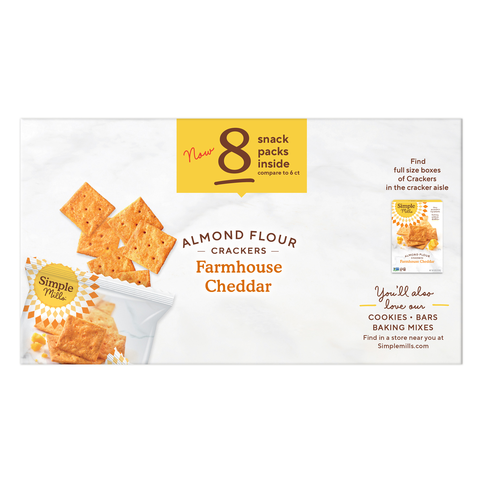 Almond Flour Cracker Snack Pack Farmhouse Cheddar 6 snack packs inside Box side panel 
