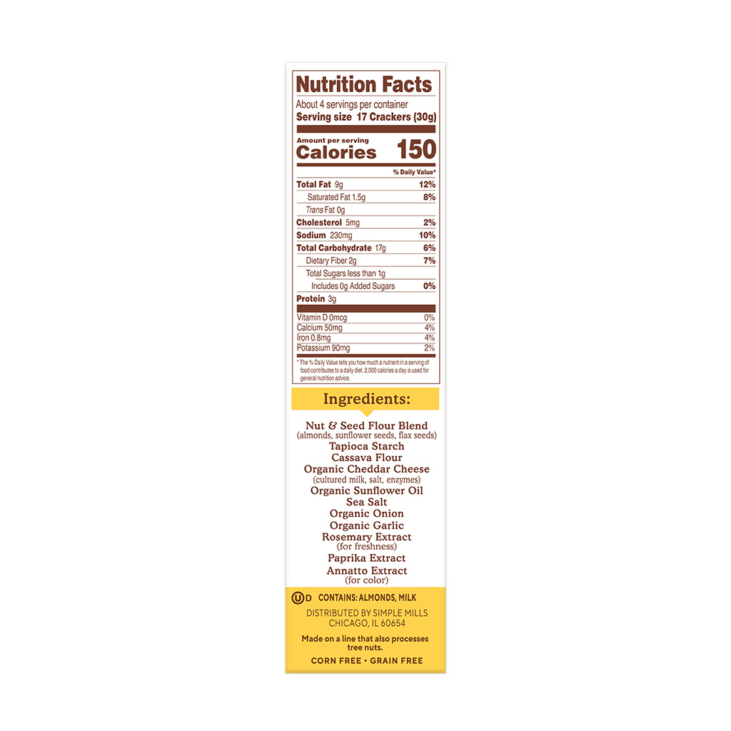 Almond Flour Crackers Farmhouse Cheddar Nutrition Facts and Ingredients. Box side panel 
