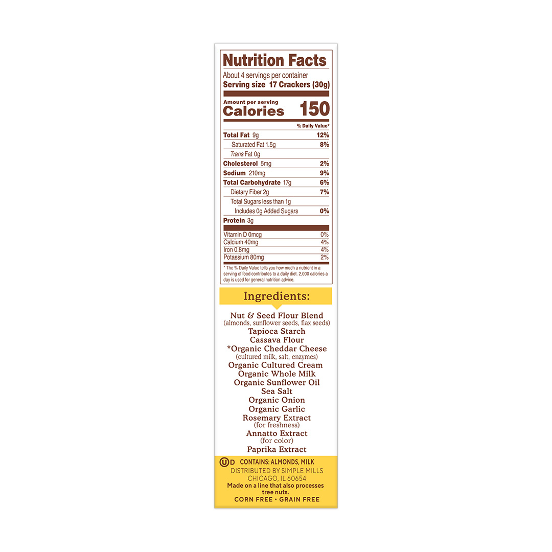 Almond Flour Crackers Farmhouse Cheddar Nutrition Facts and Ingredients. Box side panel 
