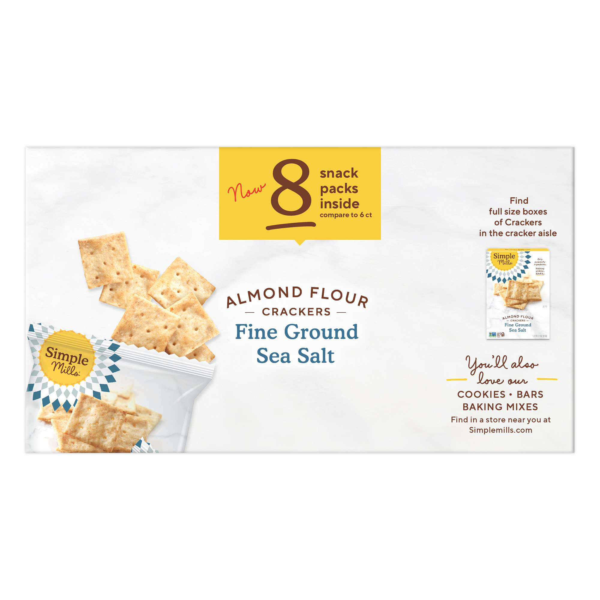 Almond Flour Crackers Fine Ground Sea Salt Snack Packs 6 snack packs inside Box side panel 
