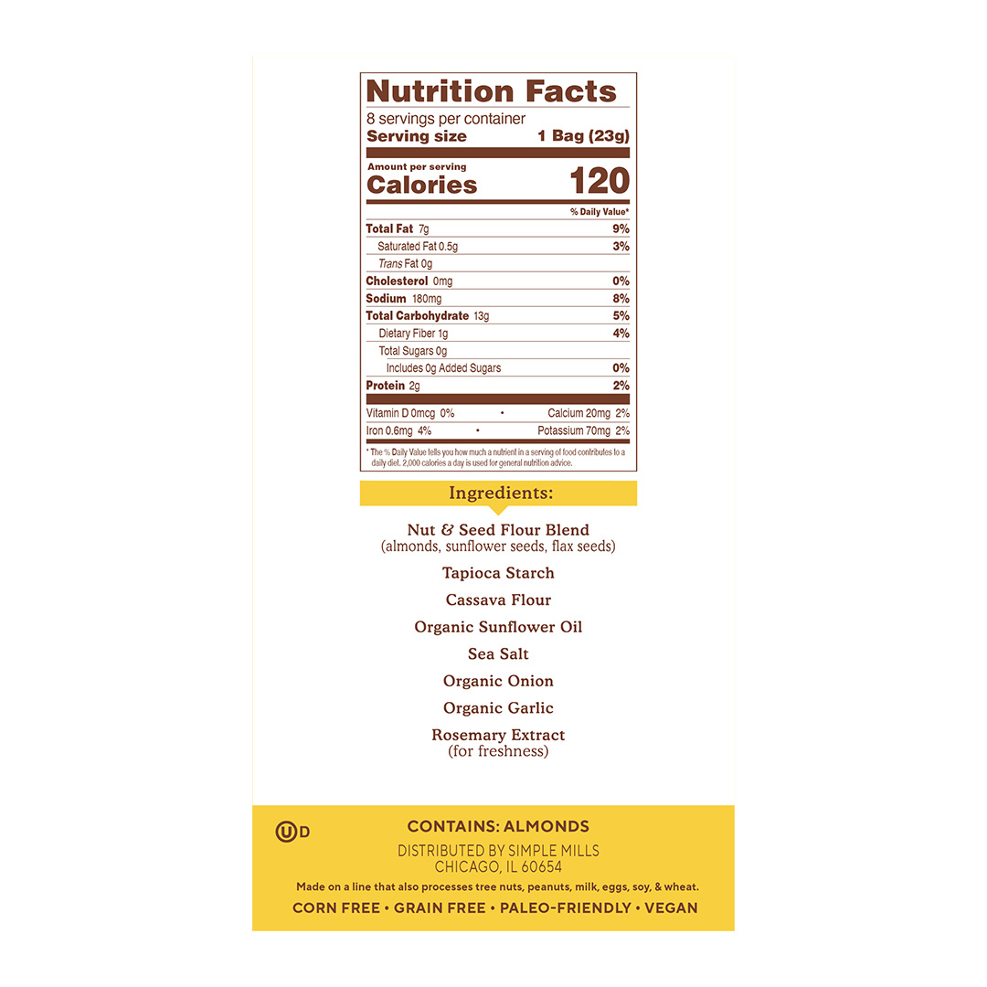 Almond Flour Crackers Fine Ground Sea Salt Snack Packs Nutrition facts and ingredients box side panel 
