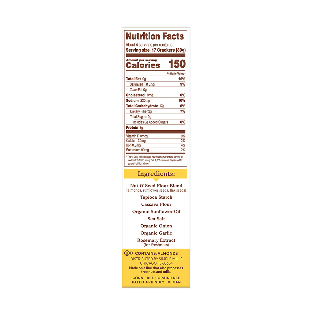 Almond Flour Crackers Fine Ground Sea Salt Nutrition facts and Ingredients box side panel 
