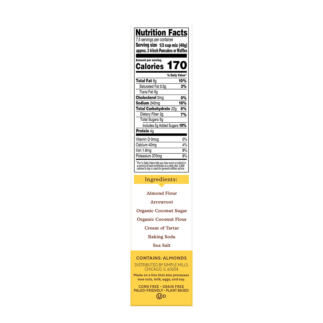 Almond Flour Baking Mix Pancake & Waffle Nutrition facts and ingredients. Box side panel 
