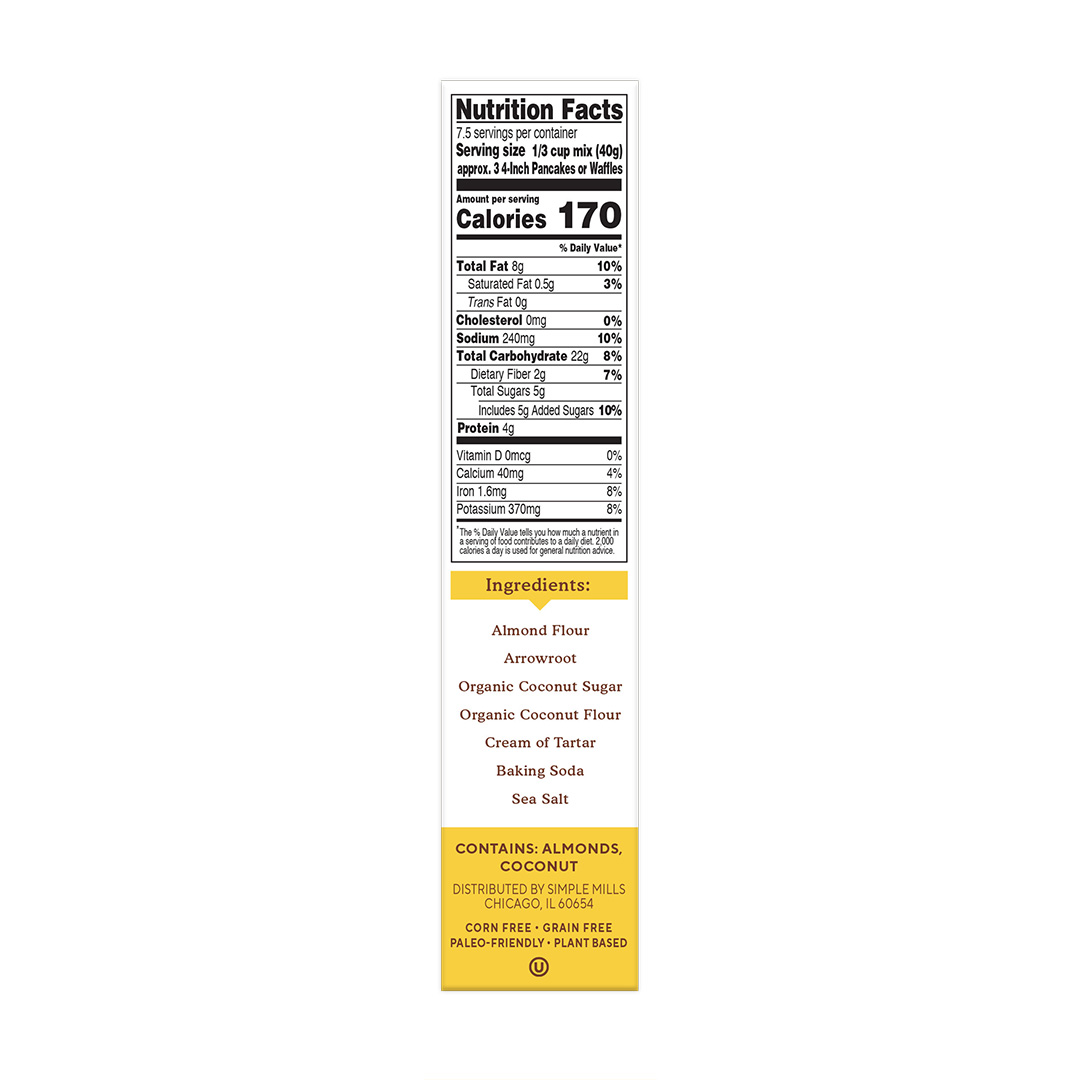 Almond Flour Baking Mix Pancake & Waffle Nutrition facts and ingredients. Box side panel 
