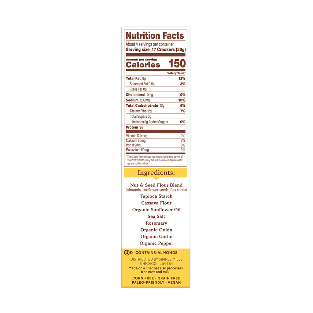 Almond Flour Crackers Rosemary & Sea Salt Nutrition facts and ingredients. Box side panel 
