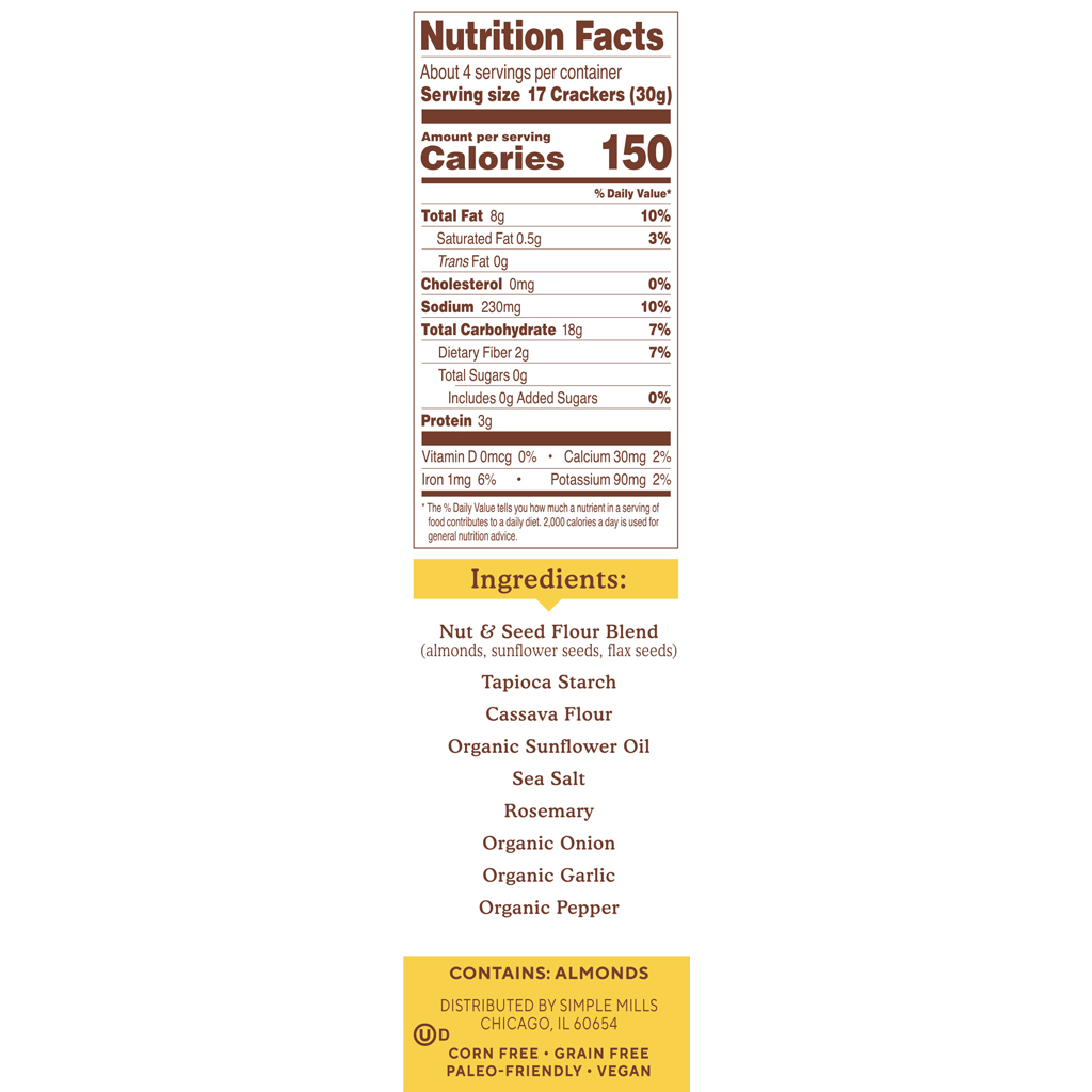 Almond Flour Crackers Rosemary & Sea Salt Nutrition facts and ingredients. Box side panel 
