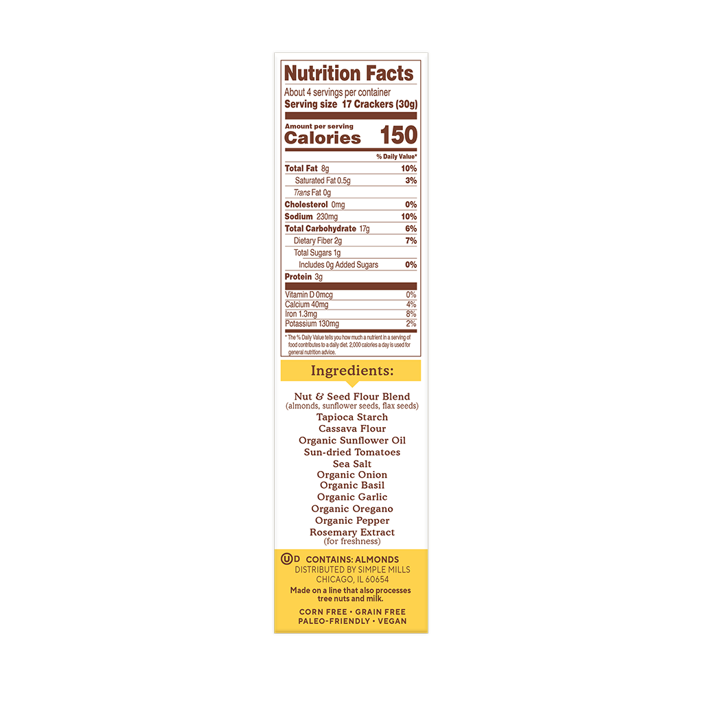Almond Flour Crackers Sun-Dried Tomato and Basil Nutrition facts ingredients box side panel 

