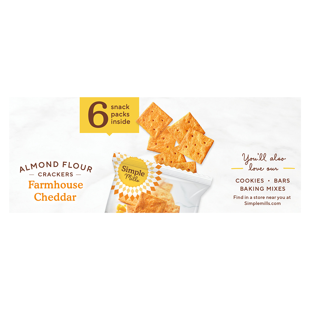 Almond Flour Cracker Snack Pack Farmhouse Cheddar 6 snack packs inside Box side panel 
