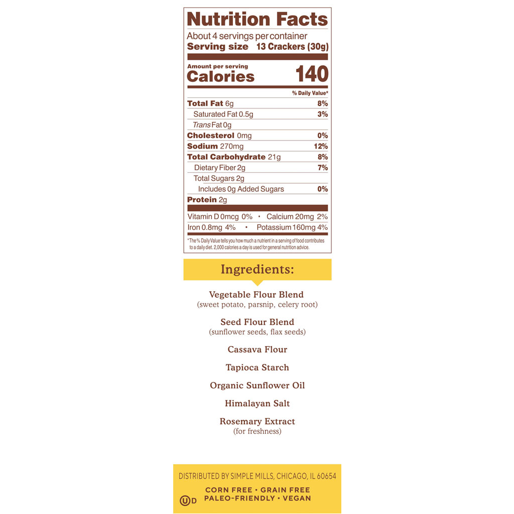 Himalayan Salt Veggie Pita Crackers Nutrition facts and ingredients. Box side panel.