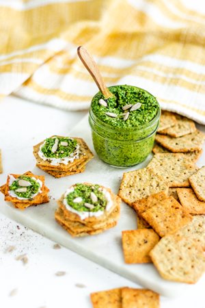 Sprouted Sunflower Seed & Kale Pesto served with Sprouted Seed Crackers Original