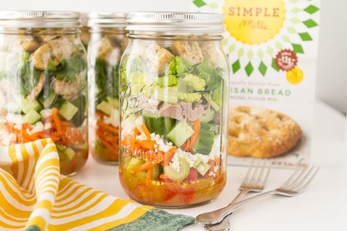 Mason Jar Salads with Grain-free Croutons made with Almond Flour Baking Mix Artisan Bread