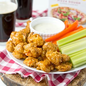 Vegan Cauliflower Buffalo Bites made with Almond Flour Baking mix Pizza Dough