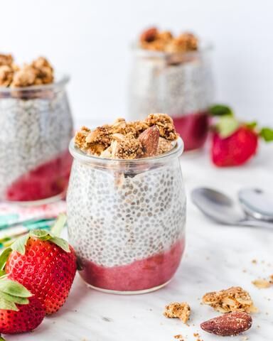 Strawberry Rhubarb Parfaits w/ Vanilla Almond Granola made with Almond Flour Baking Mix Vanilla Cupcake & Cake