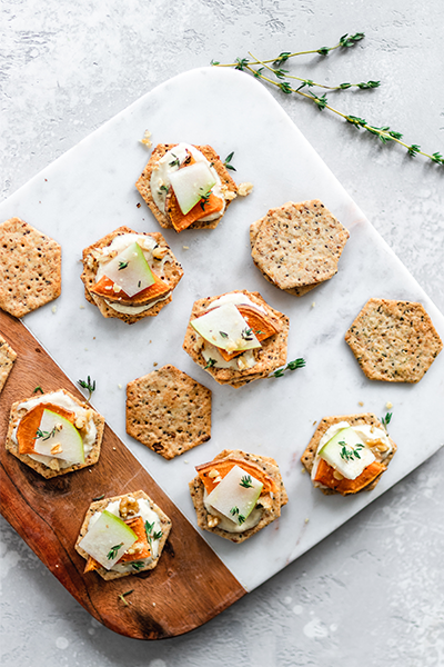 Sweet Potato, Pear & Thyme Topped Cracker made with Everything Sprouted Seed Crackers Recipe