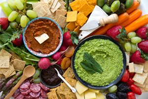 Spring Pea Dip + Ultimate Appetizer Platter served with Almond Flour Crackers Fine Ground Sea Salt