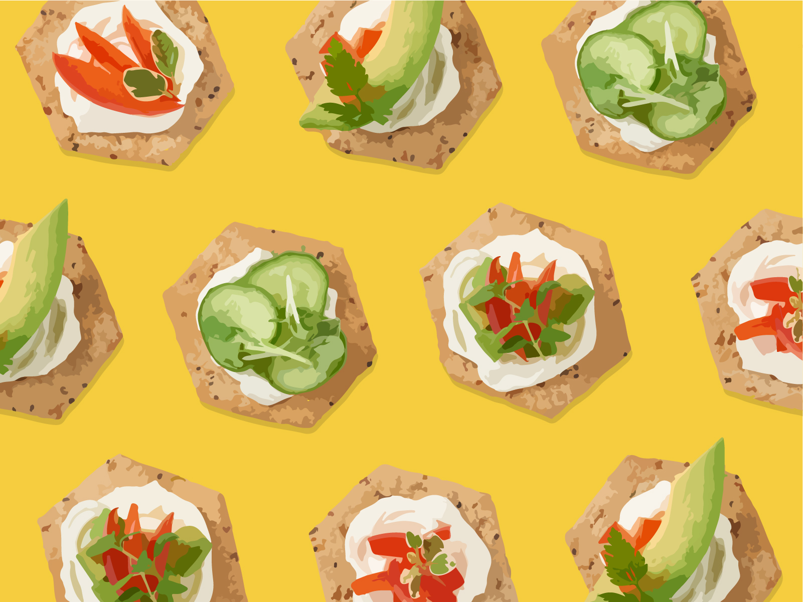Illustration of sprouted seed crackers with various toppings on yellow background 